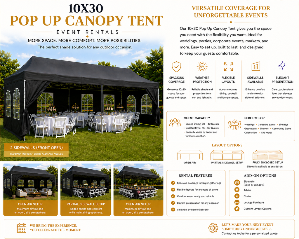 Black Canopy Pop Up Tent 10 x 30 or 10 x 20