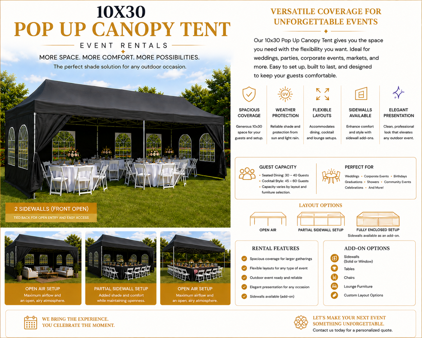 Black Canopy Pop Up Tent 10 x 30 or 10 x 20